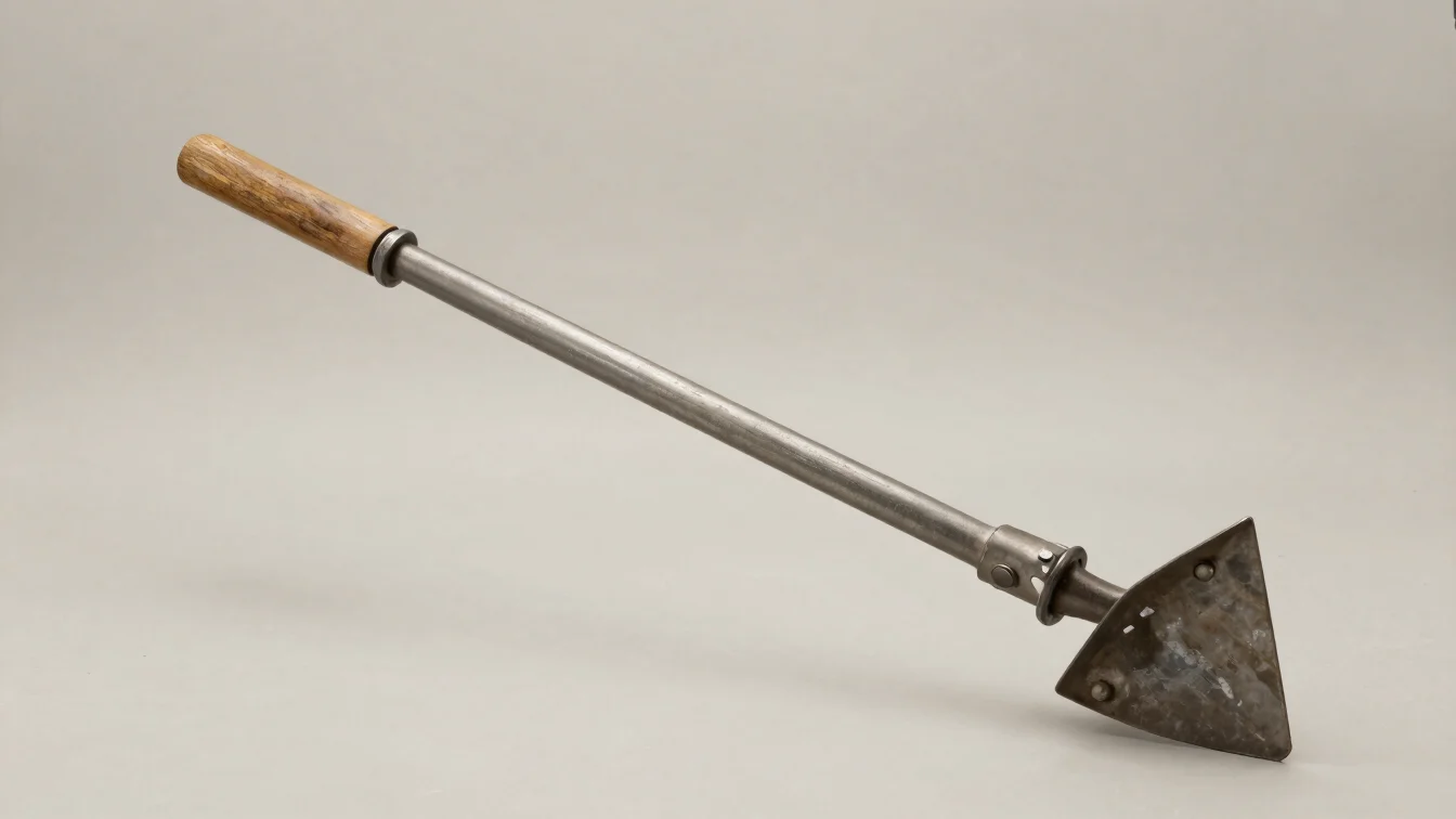 Close industrial photograph of a non-powered metal agricultural hand tool with a worn wooden grip, soft neutral daylight