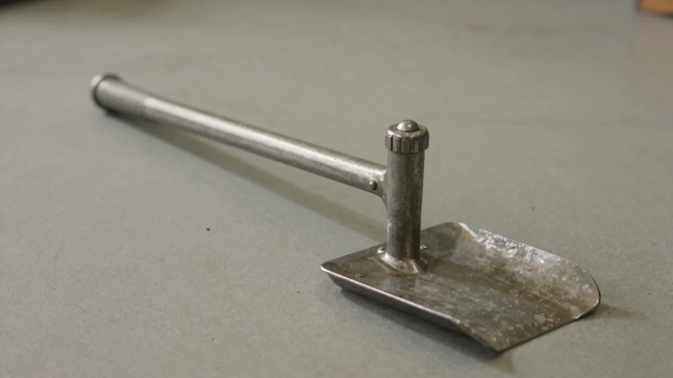 Close industrial photograph of a non-powered metal garden hand tool on a neutral surface, soft even workshop light, rest
