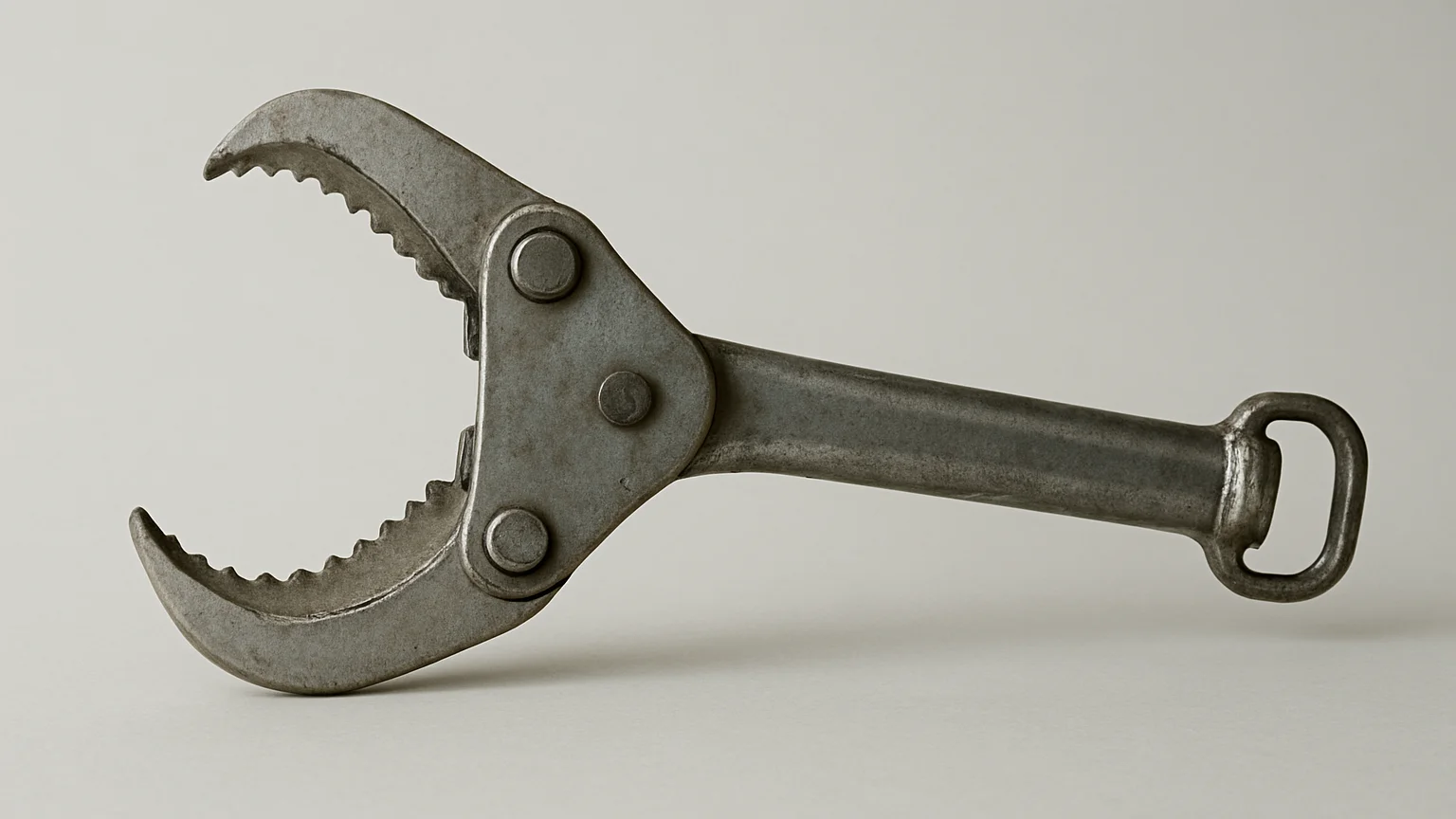 Close industrial photograph of a non-powered metal forestry hand tool, plain neutral backdrop, soft daylight, clean docu