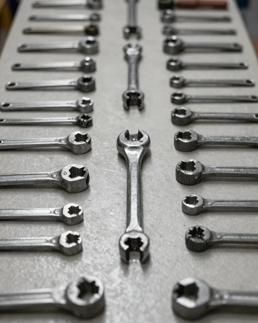 Industrial editorial photograph of non-powered hand tools arranged plainly on a neutral workbench, close attention to me