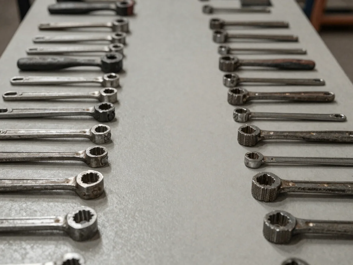 Close industrial editorial photograph of a row of non-powered metal hand tools arranged plainly on a neutral workbench,