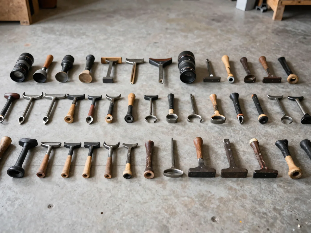 Uncluttered wider view of manual forestry hand implements laid out side by side, soft neutral workshop light, clean docu