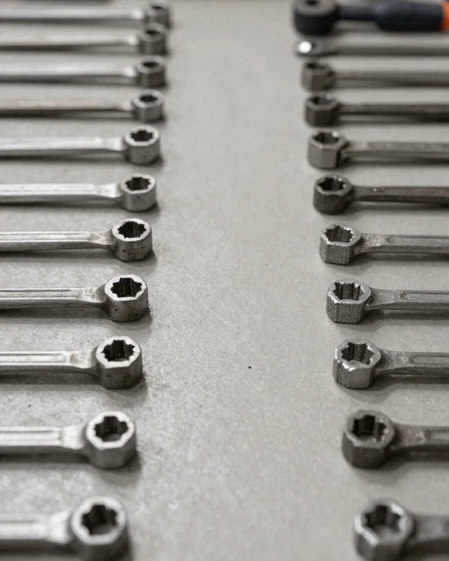 Industrial editorial photograph of clean fabricated metal hand tools arranged plainly on a neutral workbench, soft neutr